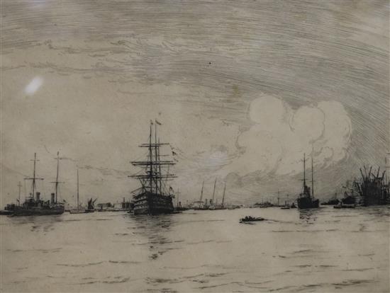 Norman Wilkinson (1878-1971), Fishing fleet in a calm sea and another etching by Charles Henry Baskett (1872-1953)